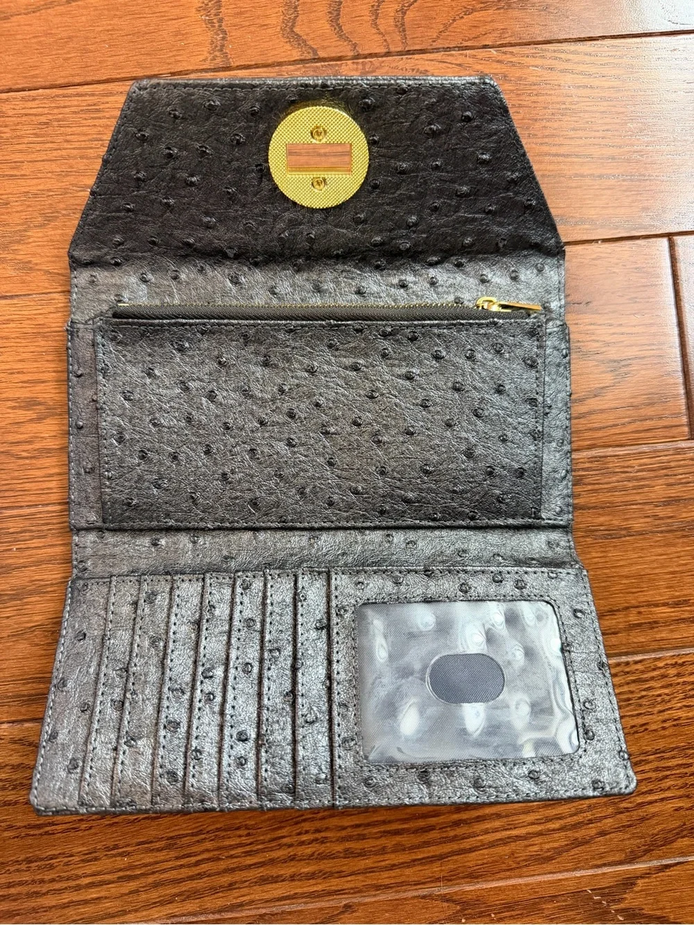 Dark Gray / Black Ostrich-Textured Envelope Wallet or Clutch w/ Gold Turn-Lock.